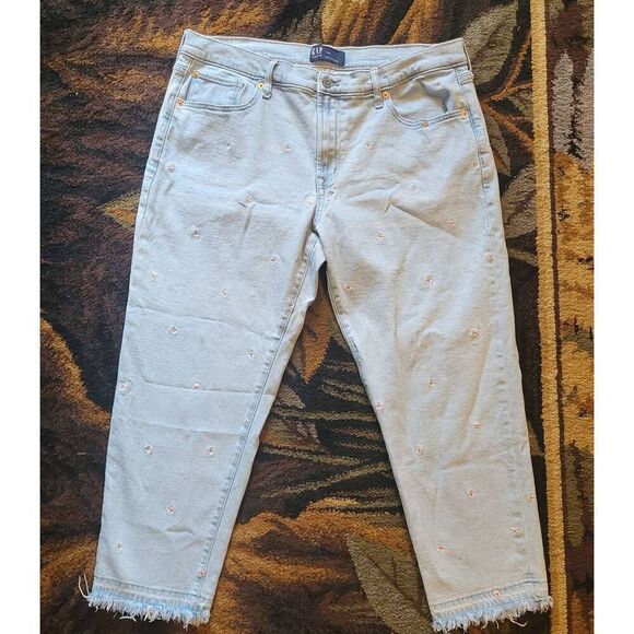 GAP Jeans Women's 14 Blue Light High Rise Girlfriend Raw Hem Embroidered Daisy - Picture 2 of 6